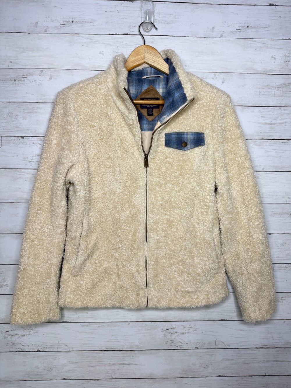 Pendleton Sherpa Fleece Jacket Wool Plaid Trim Western Cozy Small - Picture 3 of 6